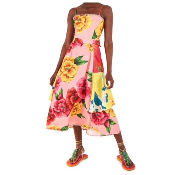 Farm Rio Chita Pink Floral Print Square Neck Tie Back Linen Midi Dress Size XS